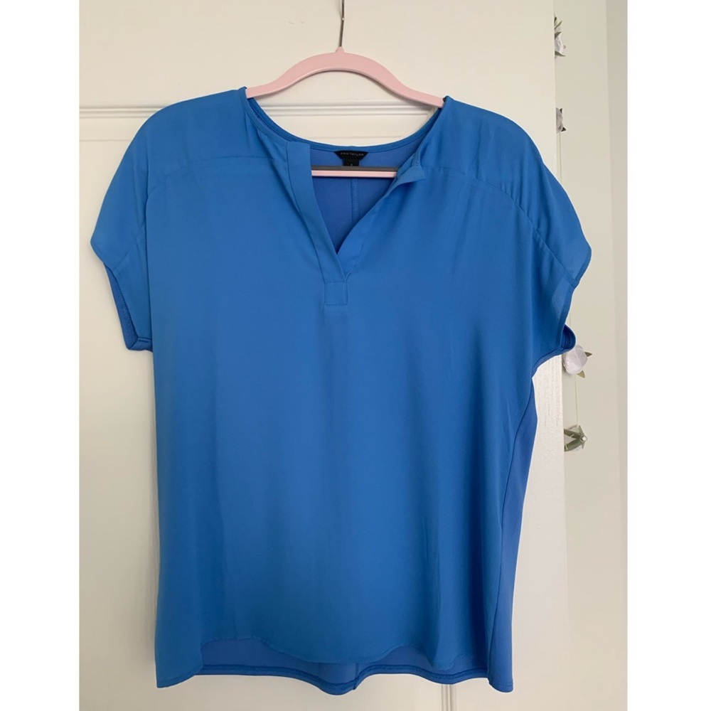 Ann Taylor Light Blue Split Neck Blouse (Size S)